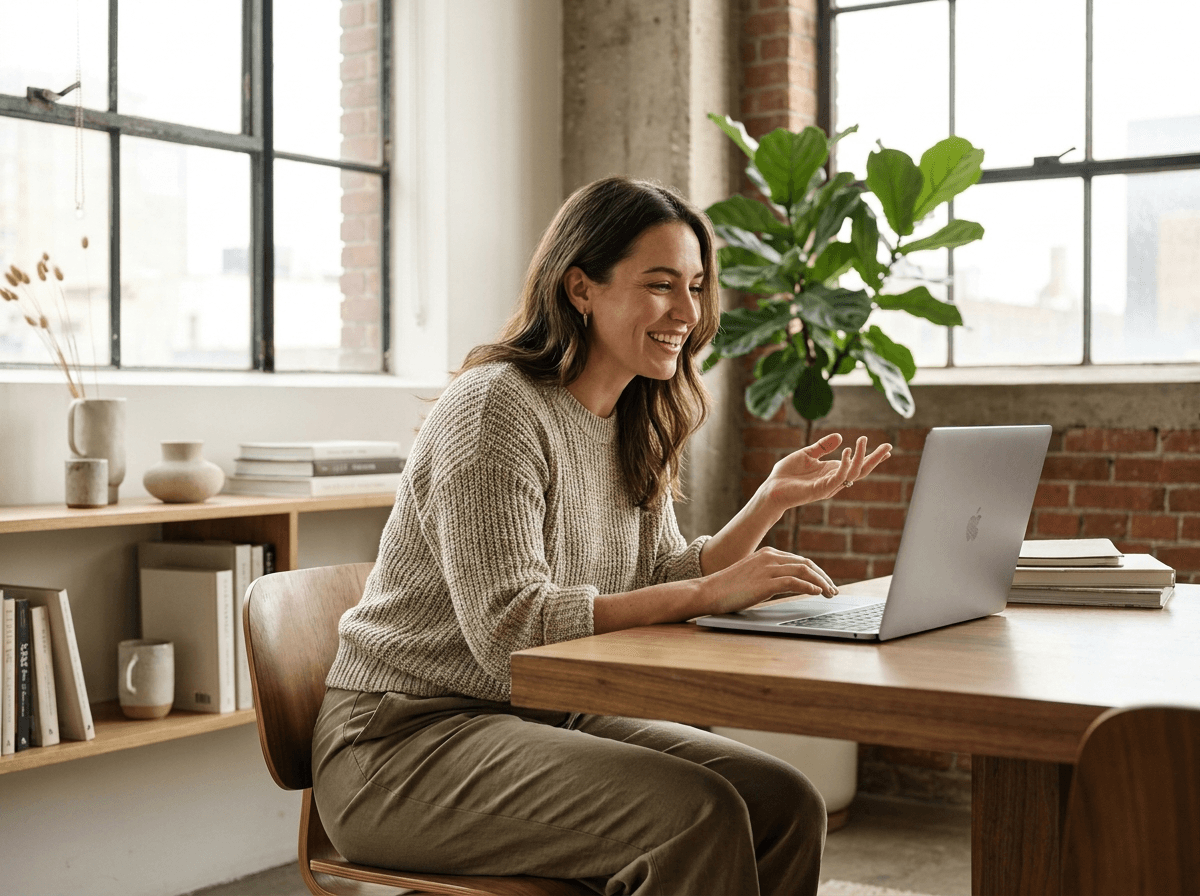 A founder registering a domain on a laptop in a bright modern workspace